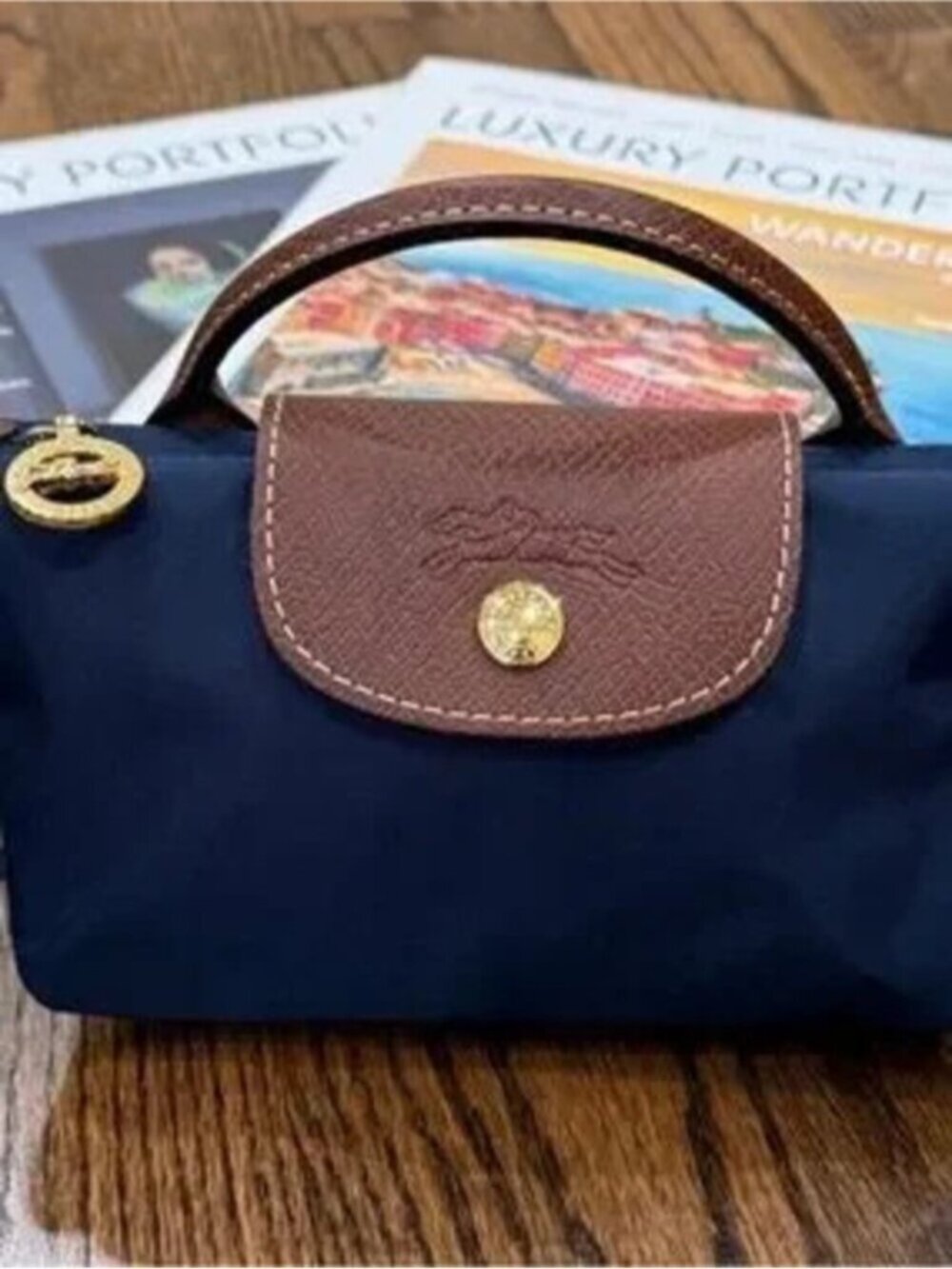 Longchamp Navy Nylon Small Top-Handle with Brown Leather Trim